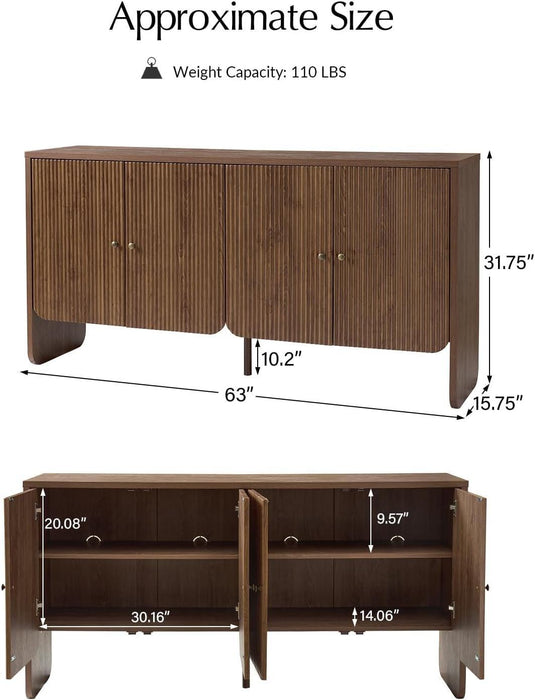 63" Wide Fluted Sideboard Buffet Cabinet Solid Wood, Modern Storage with 4 Adjustable Shelves & Doors, Multifunctional Credenza for Dining Room,Living Room,Entryway,Walnut