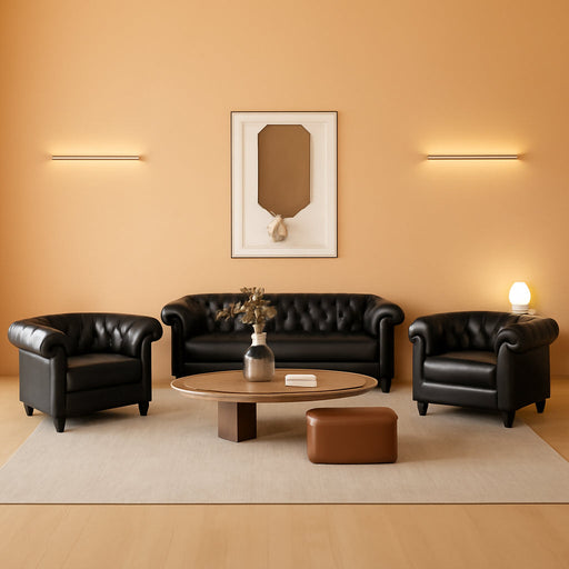 3 Pieces of Living Room Furniture Sofa Sets, Modern Faux Leather Chesterfield Sofa&Chesterfield Club Chair&Chesterfield Loveseat Sofas Set with Nailhead Trim Scroll Arms for Living Room(Black)