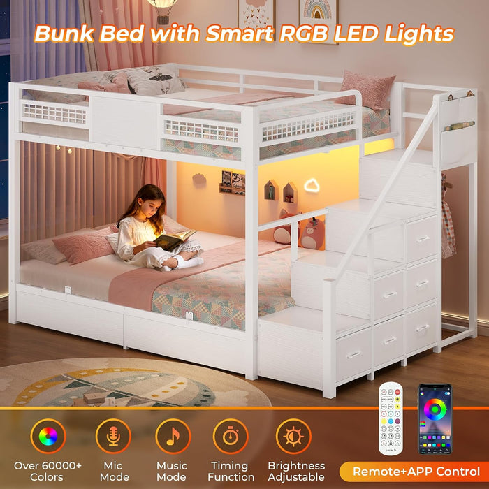 Bunk Bed Full over Full with Stairs, LED Lights Full Bunk Beds with 2 Storage Drawers & 6 Fabric Drawers, Metal Full Loft Beds with Safety Guardrail & Stairs, Space Saving, White
