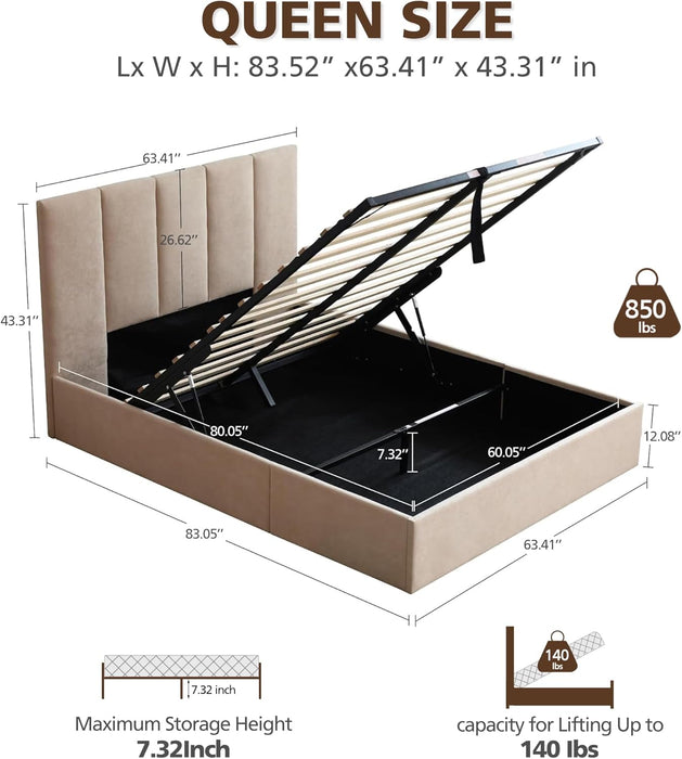 Queen Size Lift-Up Hydraulic Storage Bed, Beige Linen Upholstered Platform Bed with Vertical Channel Headboard, Wooden Slat Support, No Box Spring Needed, Easy Assembly