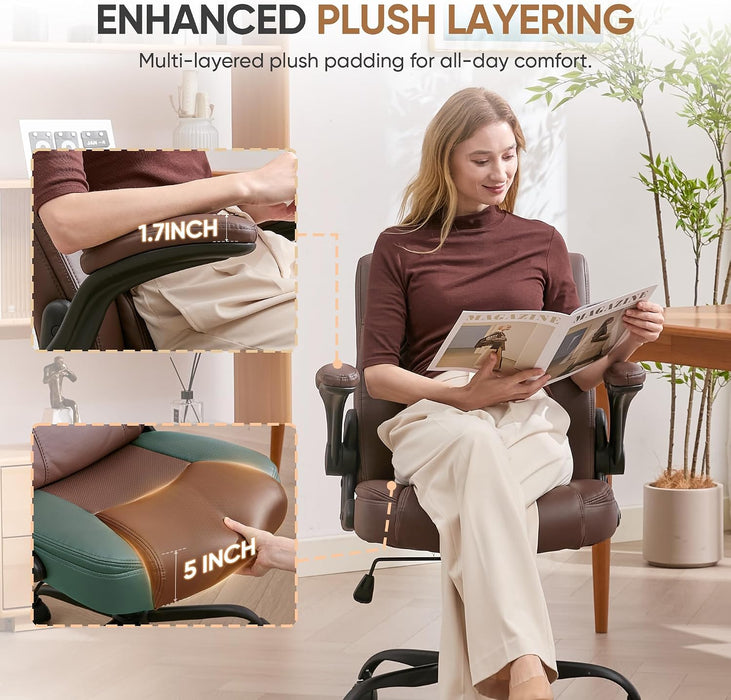 Home Office Chair with Lumbar Support, 5" Thickened Seat, Small PU Leather Rocking Desk Chair, Comfy Computer Chairs with Rolling Wheels & Adjustable Armrests for Adults, Brown