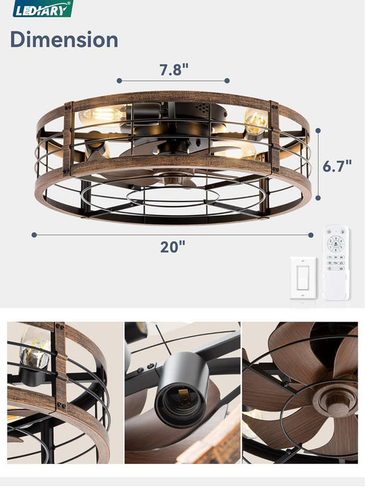 20" Caged Ceiling Fan with Light and Remote, Low Profile Flush Mount Fandelier, Black Gold Bladeless Enclosed Small Fan Lights Ceiling Fixtures, Rustic Farmhouse Style for Bedroom, Outdoor