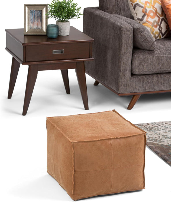 Brody Square Pouf - 18 Inch Wide Upholstered Vegan Leather Ottoman in Distressed Brown, Boho Footstool, Coffee Table or Extra Seating for Living Room or Bedroom, Assembled