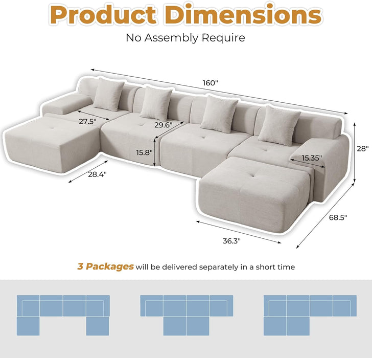 160-Inch U-Shaped Modular Sectional Sofa Camel Ottoman