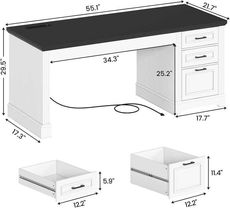 Office Desk with 3 Drawers, 55" Executive Computer Desk with Storage Drawers, Farmhouse Desk with Power Outlet for Home Office, White
