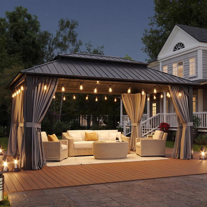 12Ft X 16Ft Hardtop Gazebo, Aluminum Metal Outdoor Gazebo with Breathable Netting and Curtains, Galvanized Steel Double Top, Permanent Patio Pavilion for Backyard, Wedding, Party