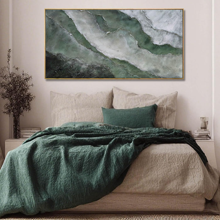 Green and White Textured Landscape Wall Art 24X48 Inch, Large Framed Canvas Artwork with Wood Frame, Abstract Nature Wall Decor for Living Room or Entryway