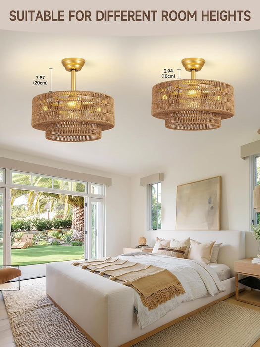 Boho Caged Fandelier with Lights Flush Mount Rattan Ceiling Fan