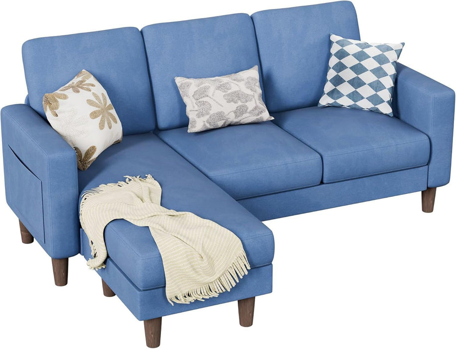 Blue Upholstered LShaped Movable Sectional Couch Ottoman
