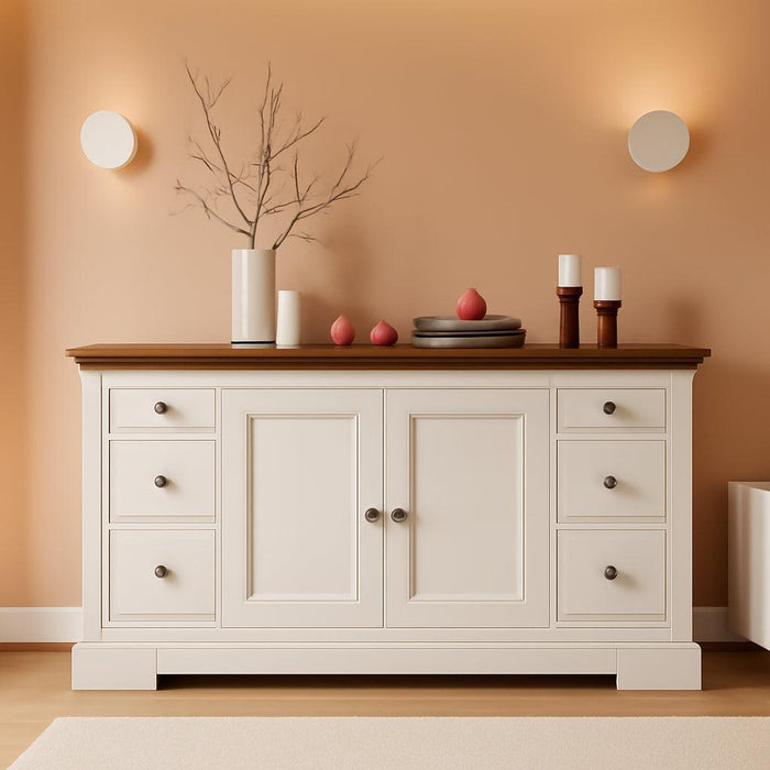 Sideboard Buffet Cabinet with Storage, 63" Large Credenza Kitchen Storage Cabinets with Drawer and Door, Wood Coffee Bar Table with Adjustable Shelf for Living Room, Kitchen, American Retro, off White