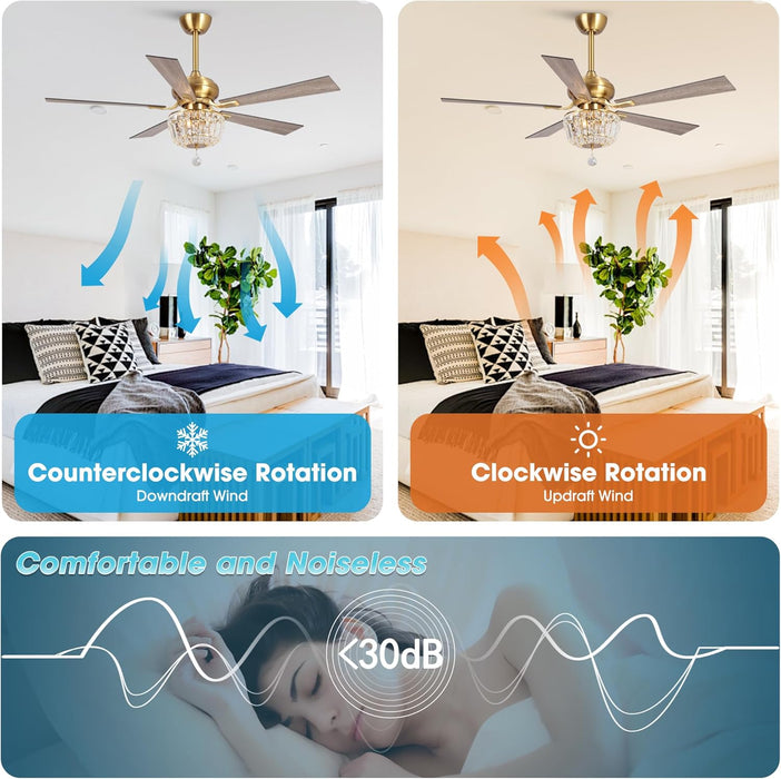 52 Inch Gold Ceiling Fans with Lights and Remote Crystal Chandelier Fan