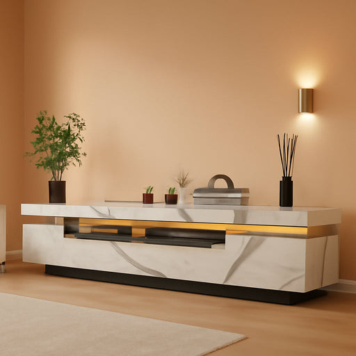 70IN White TV Stand for 75/80 Inch Tv,Modern LED TV Stand for Living Room,High Gloss Entertainment Center with Storage Drawer,App RGB Light,Tv Console,Television Stands(Marbling)