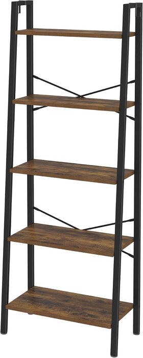 Ladder Shelf, Bookshelf, Freestanding Corner Storage Shelf | Bookcase with 2 Hooks for Office, Living Room, Kitchen, Bedroom, Industrial, 11.8"D X 23.6"W X 63"H, Rustic Brown BC19301B