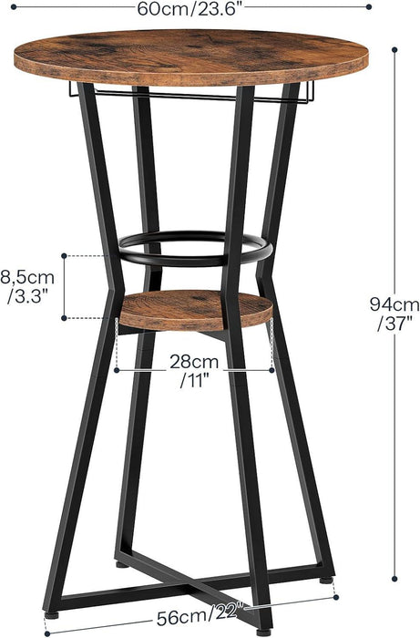 round Bar Table, 2-Tier Counter Height Pub Table with Wine Glass Holder, Industrial Cocktail Table, for Small Space, Tavern, Living Room, Dining Room, Patio, Rustic Brown and Black BF62BT01G1
