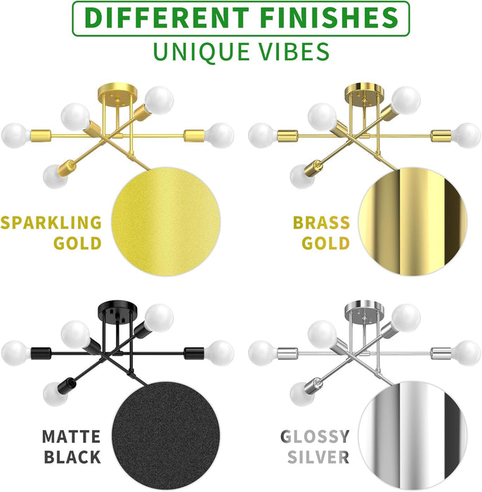 Modern Sputnik Chandelier Ceiling Light Fixtures, 6-Lights 22” Mid Century Industrial Metal Semi Flush Mount for Dining Room, Bedroom, Living Room-Black