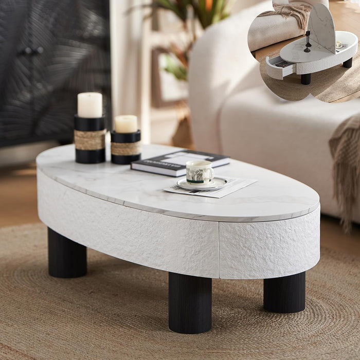 Coffee Table with Faux Marble Tabletop and Hidden Drawer and Storage Space, 47.24" Oval Mid Century Modern Wooden Center Table, Cocktail Tea Table for Living Room Home Office, White