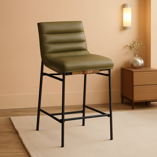 813Olive-C Burke Collection Modern | Contemporary Counter Stool with Soft Olive Green Vegan Leather, Vegan Leather Straps, Matte Black Metal Frame, 18" W X 24" D X 37.5" H, Green