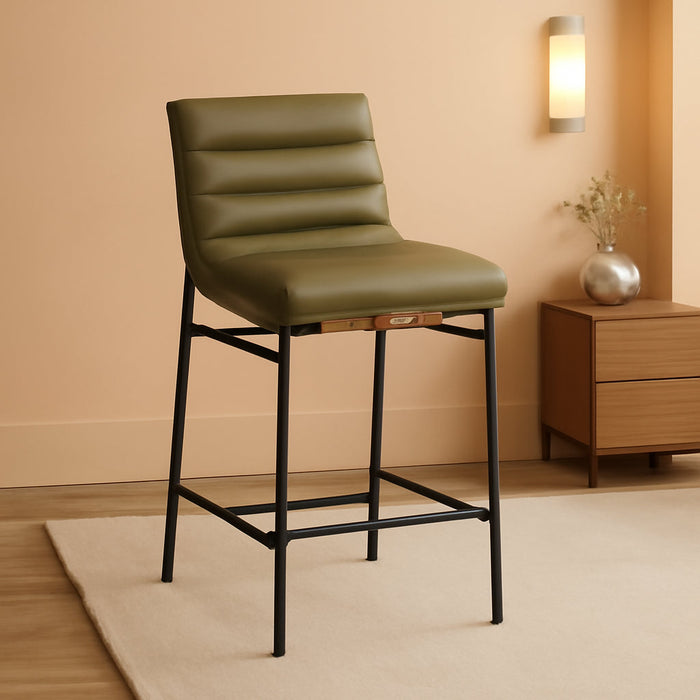 813Olive-C Burke Collection Modern | Contemporary Counter Stool with Soft Olive Green Vegan Leather, Vegan Leather Straps, Matte Black Metal Frame, 18" W X 24" D X 37.5" H, Green