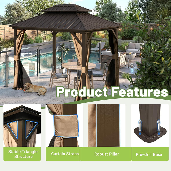 8x10Ft Hardtop Galvanized Steel Patio Gazebo Brown