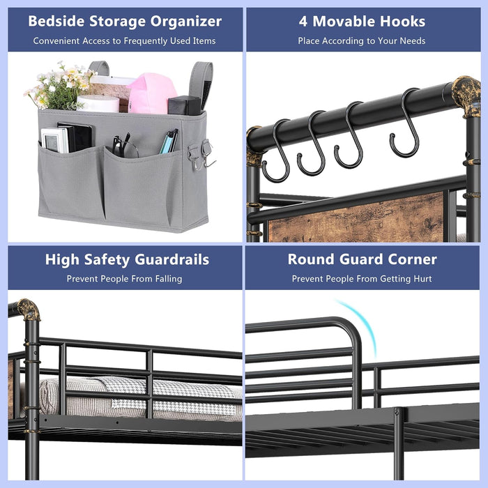 Metal LED Bunk Bed Twin over Twin with 2 Storage Drawers, USB Charging Station, Industrial Bunkbeds Heavy Duty Bed with Safety Guardrail and Ladder, No Box Spring Needed, Vintage Brown