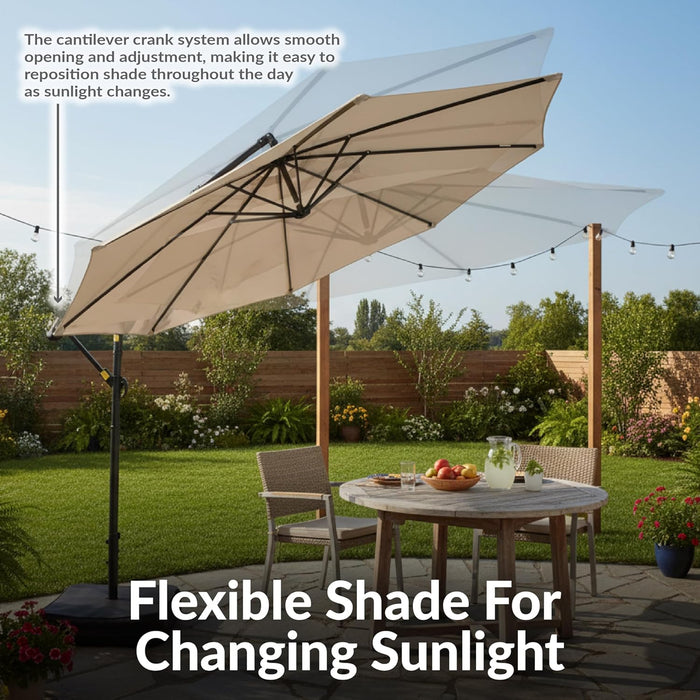 Sunnydaze 10Ft Cantilever Offset Patio Umbrella with Base Included for Porch, Deck, Pool, or Backyard - Polyester Sandbag Weight, Push-Button Tilt and Crank, Powder-Coated Steel Pole - Beige