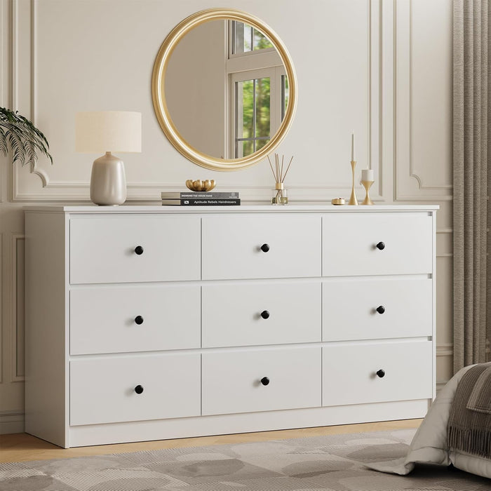 PureWhite Nine Drawer Dresser 59 Inches StorageBin