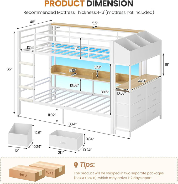 White Twin Over Twin Bunk Bed IndustrialStorageDrawers