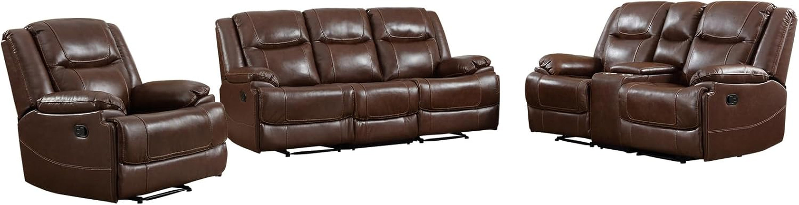 Genuine Leather Manual Recliner Sofa Set, Recliner Chair, Loveseat Reclining Sofa and 3 Seat Recliner Sofa, Couch Furniture Set for Living Room, Meeting Room, Brown(Recliner+Loveseat+Sofa)