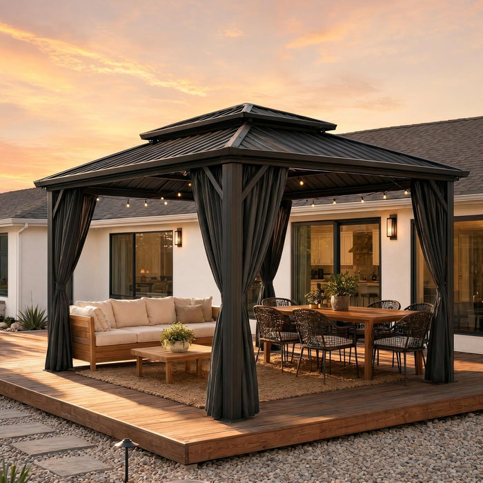 10X12 Hardtop Gazebo on Clearance with Galvanized Steel Double Roof,Heavy Duty Gazebo with Flame-Retardant Curtain & Netting, Aluminum Frame Outdoor Canopy for Patio, Party, Black