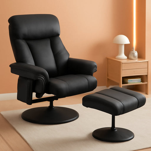Swivel Recliner with Ottoman, TV Chair with Vibration Massage, Ideal for RV Small Space, Living Room & Bedroom 4539 4828 (Faux Leather, Black)