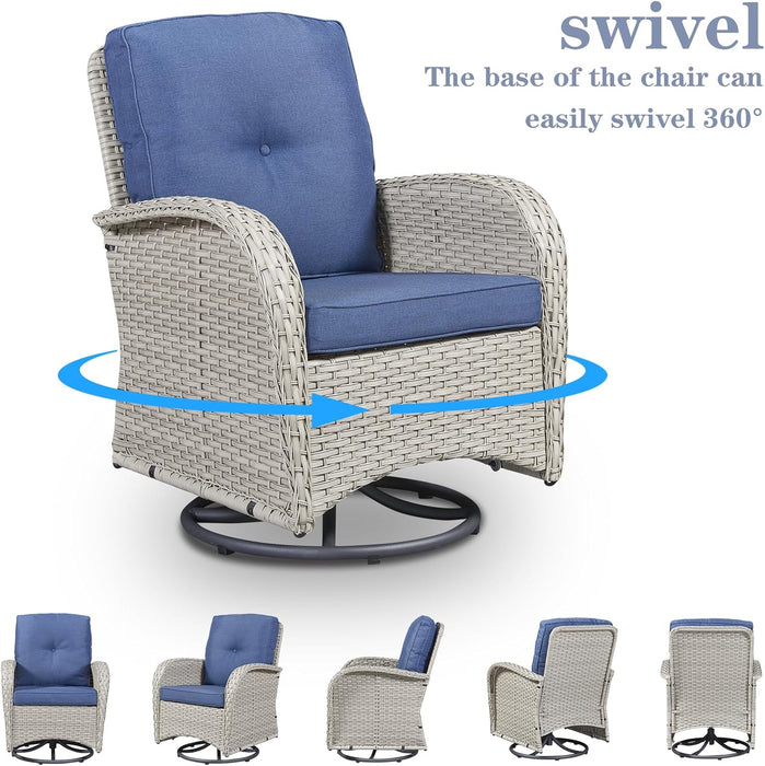 Patio Wicker Chairs Swivel Rocker - Outdoor Swivel Rocking Chairs Set of 2 with Rattan Side Table,3 Piece Patio Swivel Glider Chair Furniture Sets for Patio Porch Pool Light Beige/Blue