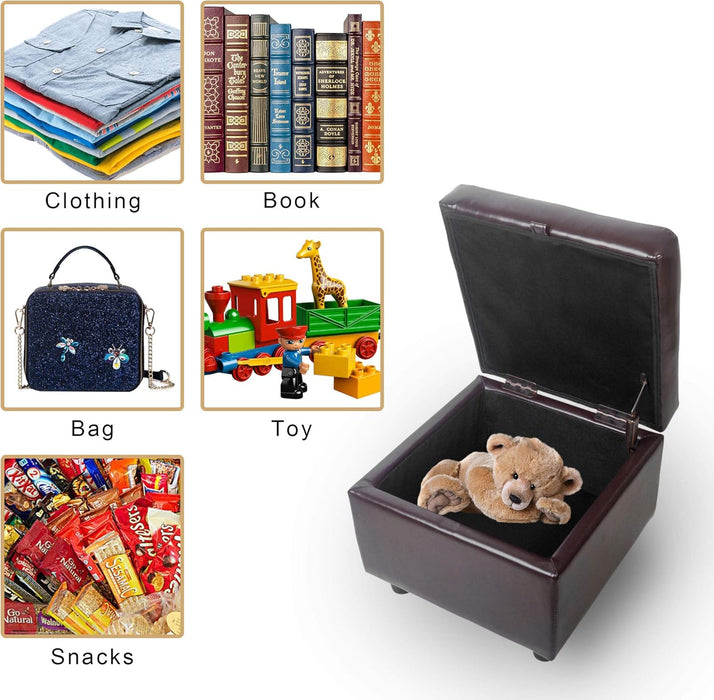 Tufted Leather Square Flip Top Storage Ottoman Cube Foot Rest (Brown with Storage)