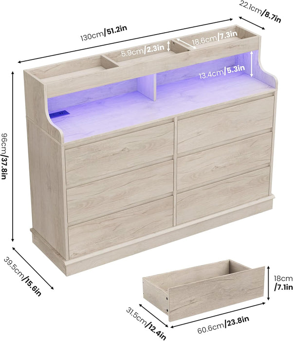 Oak Interlocking SixDrawer Dresser With LED Lighting
