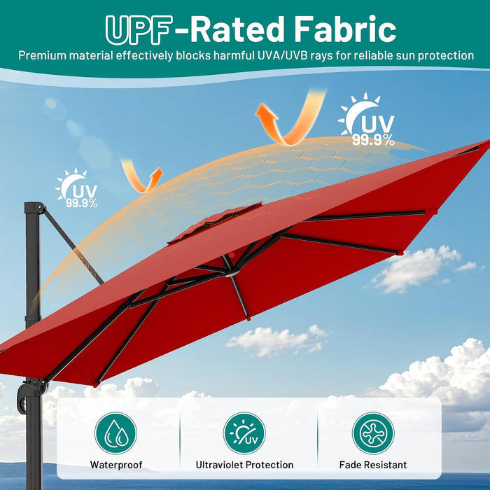 10 X 10FT Cantilever Patio Umbrella, 360-Degree Rotation Square Hanging Offset Umbrella with Crank, Heavy Duty Patio Umbrella for Patio, Pool, Garden, Deck, Red (Base Not Include)