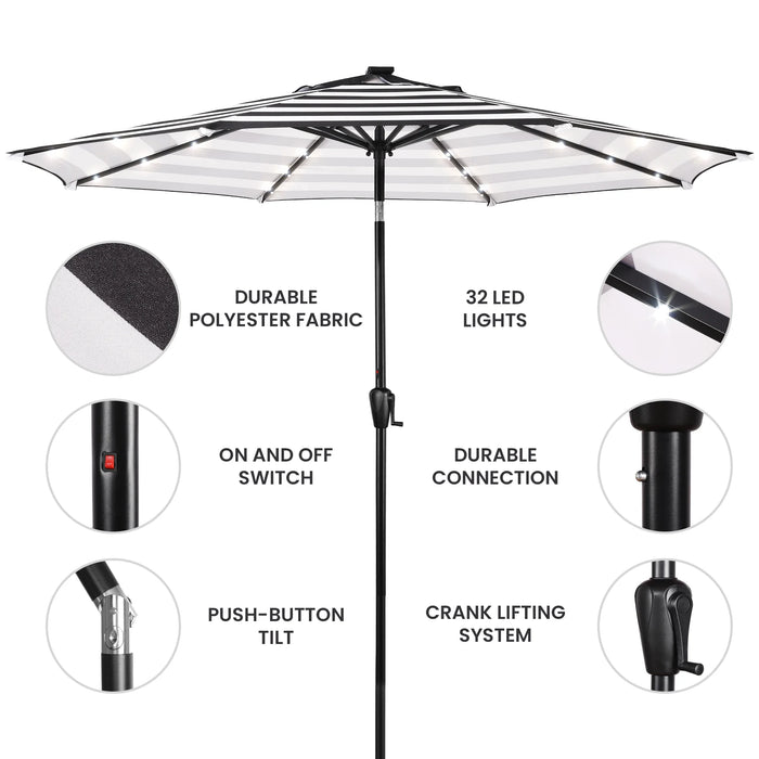 9 FT 32 LED Patio Solar Umbrella W/ Push Button Tilt and Crank Outdoor Umbrella, 8 Sturdy Ribs, UV Protection, Solution-Dyed Fabric, Creamy Beige