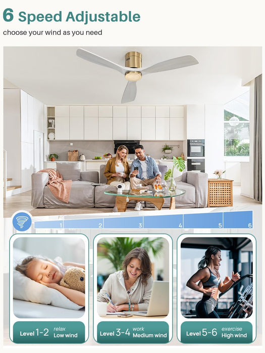 52 Inch Solid Wood Ceiling Fan without Lights Flush Mount Ceiling Fans with Remote Control, Wood Blades Modern Outdoor Ceiling Fan No Light for Bedroom/Farmhouse/Patio/Indoor, Grey Gold