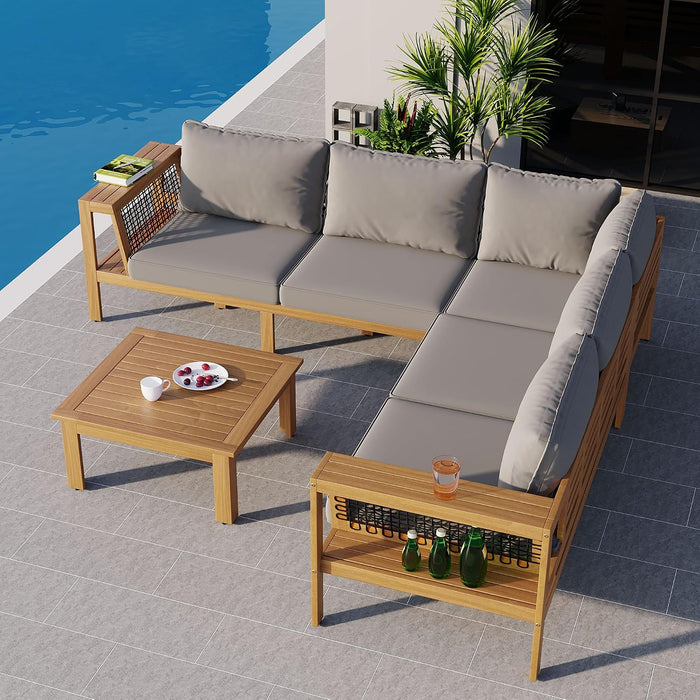 4 Pieces Patio Furniture Set, Outdoor L-Shaped Sectional Sofa Set with Coffee Table, Acacia Wood Conversation Seating & Thick Cushions and Side Table, for Backyard, Garden and Poolside, Grey