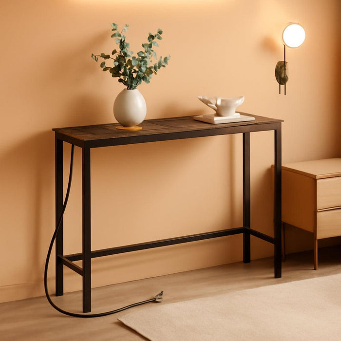 Narrow Console Table with Power Outlets, 44.9 Inches Sofa Table, Slim behind Couch Table, Entryway Table with Display Shelf, for Living Room, Foyer, Hallway, Rustic Brown and Black BF114UXG01