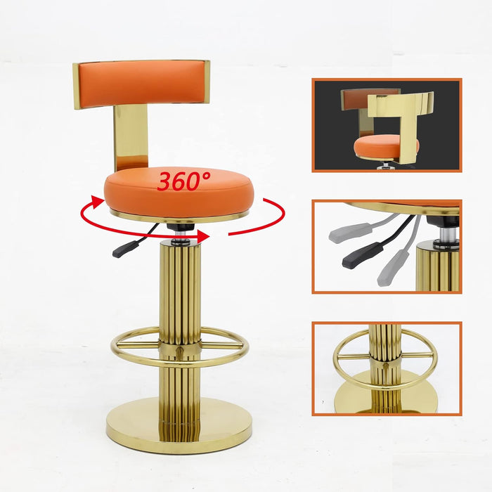 Counter Height Bar Stools with Back, Modern Adjustable Height Barstools Swivel Bar Chair with Polished Gold Stainless Steel Legs for Kitchen Island Counter Living Room Coffee Shop (Orange)