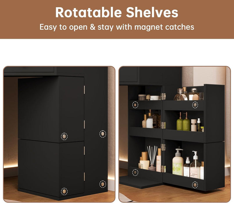 Vanity Desk with Mirror Lights, Storage Bench & Power Outlet, Corner Vanities with Rotating Cabinet & Drawers, 3 Light Settings Vanity Set, for Women Girls, Black