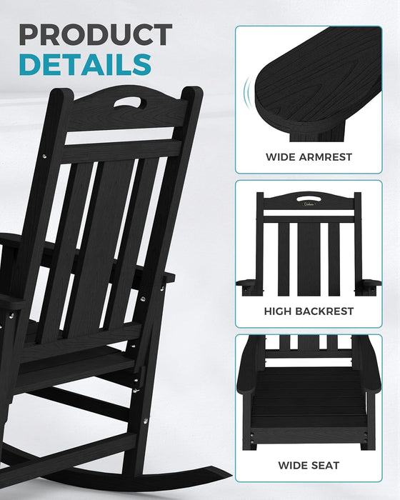 Oversized Outdoor Rocking Chair, 380Lbs Heavy-Duty Large Patio Rocker, Weather Resistant & Anti-Fade Porch Chair, High Back Cozy Rocking Chair for Outside, Fire Pit, Deck, Garden, Black