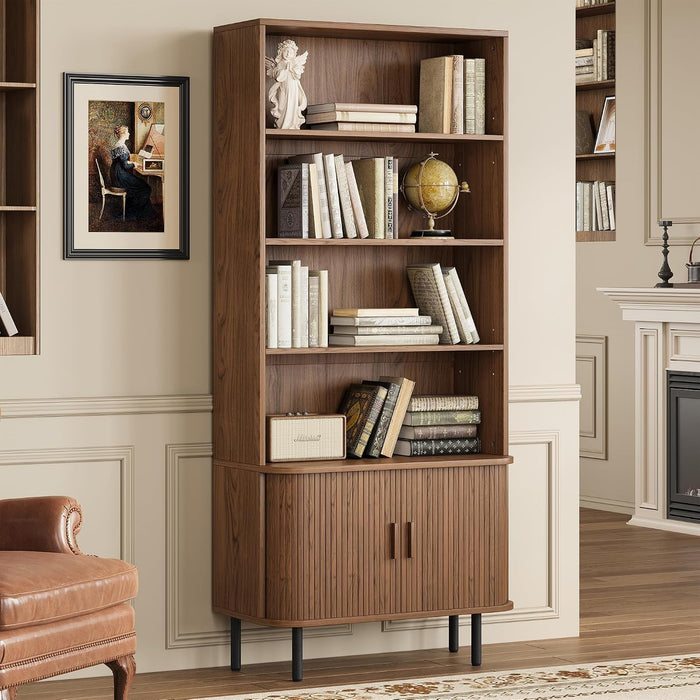 71" Tall Bookshelf with Cabinet, 5 Tier Fluted Bookcase Walnut | with Sliding Door, Adjustable Display Shelf, Free Standing Cube Storage Organizer, Wood Shelving Unit Living Room & Office