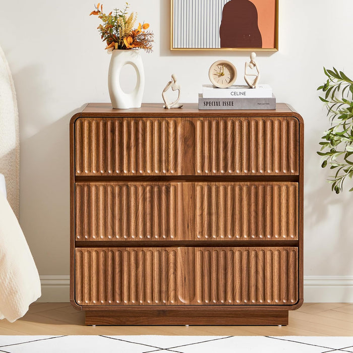 Walnut Fluted 3 Drawer Dresser With StorageCapacity