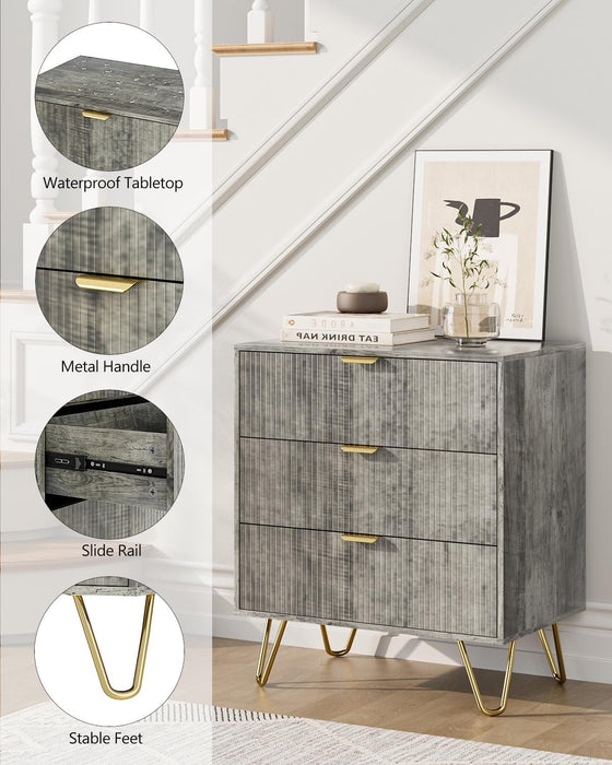 Grey Dresser for Bedroom, Modern Fluted 3 Drawer Dresser with Storage, Dresser Chest of Drawers with Gold Handles for Bedroom, Living Room, Closet, Hallway, 15.8" D X 23.6" W X 27.6" H