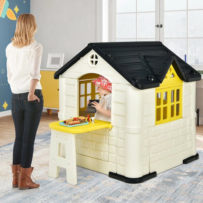 Kid'S Playhouse Games Cottage W/ 7 PCS Toy Set & Waterproof Cover Yellow