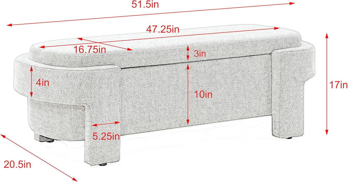 Linen Upholstered Storage Bench, Oval Footstool Ottoman with Hinges for Living Room, Entryway, Bedroom,No Assembly Required,Beige