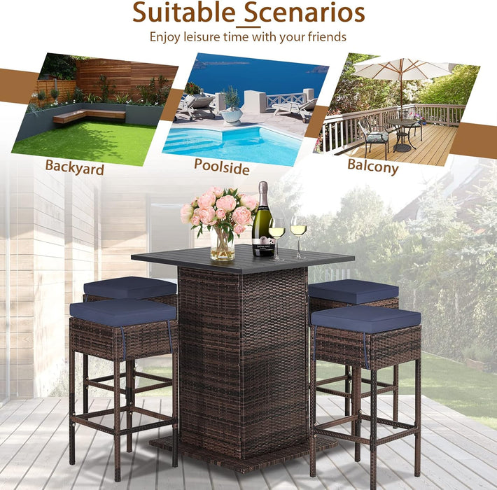 5-Piece Outdoor Bar Set, Wicker Rattan Bar Height Patio Set W/4 Cushion Bar Stools & Table with Hidden Storage, 5PCS Outdoor High Top Table and Chairs Set for Backyard Poolside (Navy Blue)