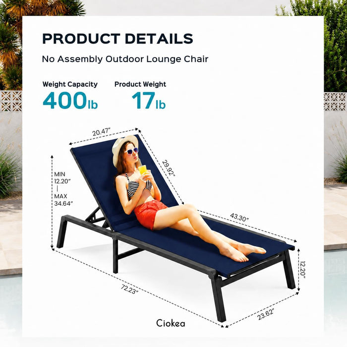 Aluminum Chaise Lounge Ourdoor - Foldable & Assemble Free Outdoor Lounge Chair with 5 Adjustable Backrest, Patio Lounge Chair for outside Poolside Beach Pool, Navy Blue