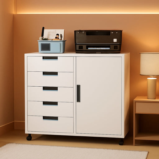 White Five-Drawer Movable Storage Cabinet For Home
