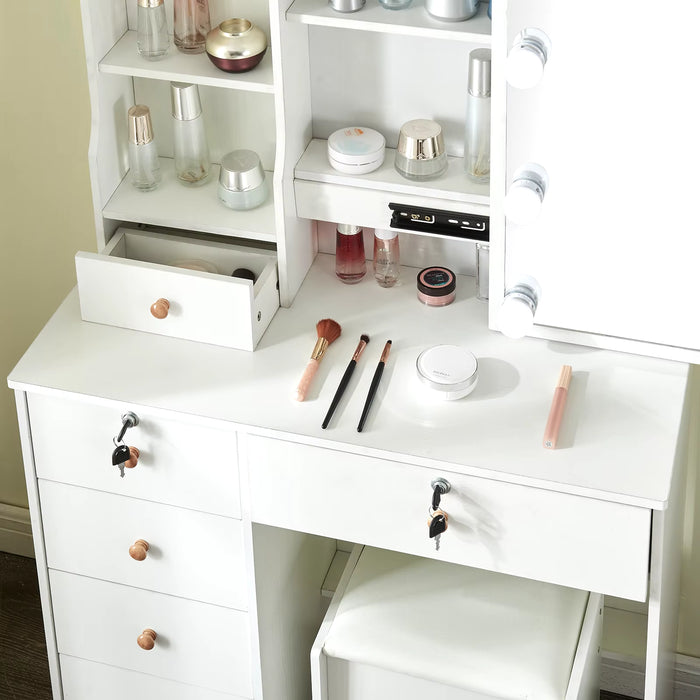 Makeup Vanity Table with Drawers, Vanity Desk Set with Shelves, Dresser Desk and Cushioned Stool Set White for Women